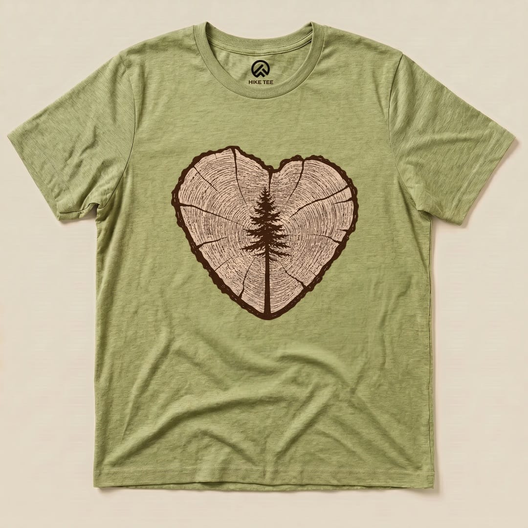 A graphic t-shirt in olive green featuring a tree ring heart design with a central tree silhouette, labeled as "Tree Ring Heart Shirt.