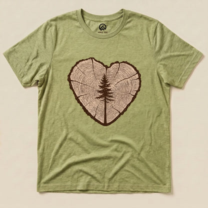 A graphic t-shirt in olive green featuring a tree ring heart design with a central tree silhouette, labeled as "Tree Ring Heart Shirt.