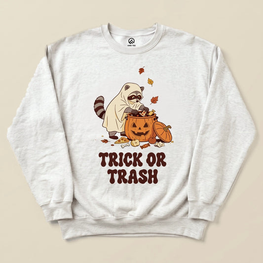 Ash Trick or Trash Sweatshirt with a raccoon in a ghost costume raiding a pumpkin candy bucket graphic