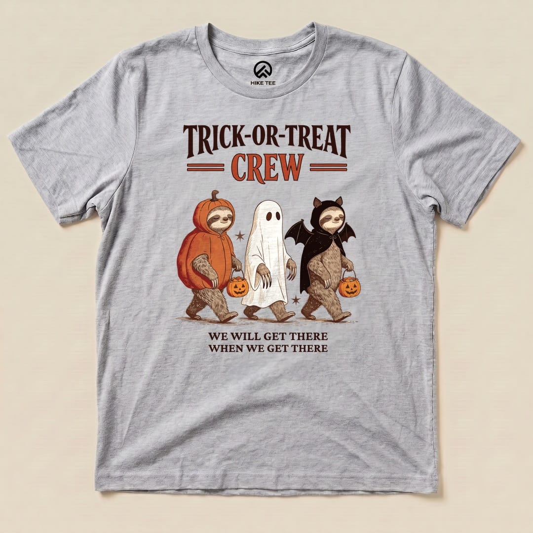 Athletic Heather Trick-or-Treat Crew Shirt with a sloth trio in Halloween costumes graphic