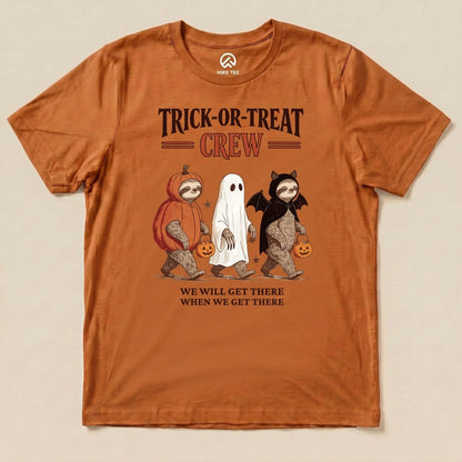 Autumn Trick-or-Treat Crew Shirt with a sloth trio in Halloween costumes graphic