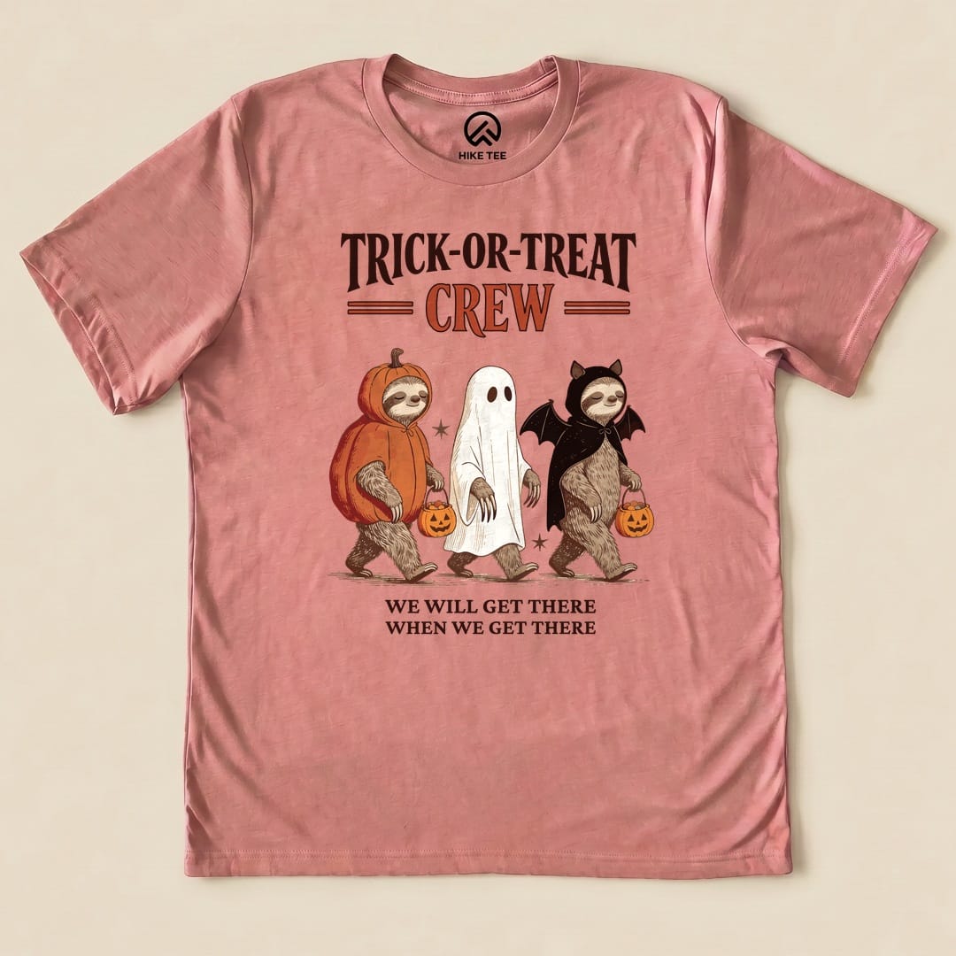 Heather Mauve Trick-or-Treat Crew Shirt with a sloth trio in Halloween costumes graphic