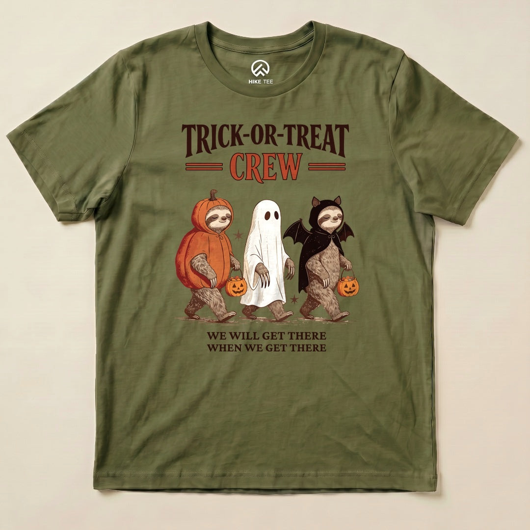Military Green Trick-or-Treat Crew Shirt with a sloth trio in Halloween costumes graphic