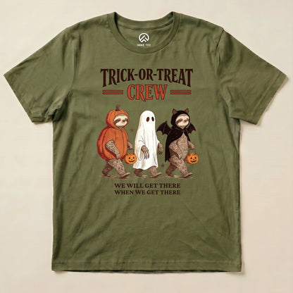Military Green Trick-or-Treat Crew Shirt with a sloth trio in Halloween costumes graphic