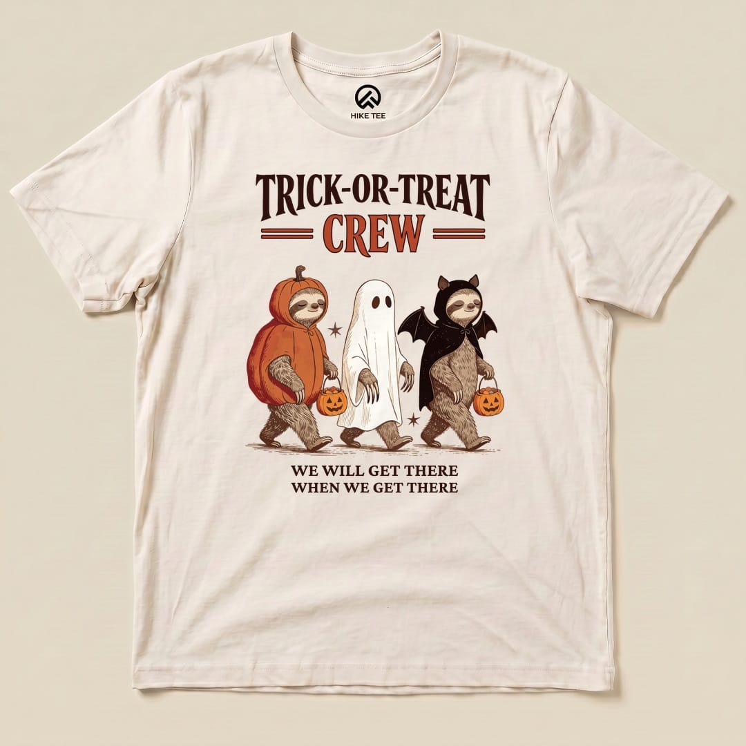 Natural Trick-or-Treat Crew Shirt with a sloth trio in Halloween costumes graphic