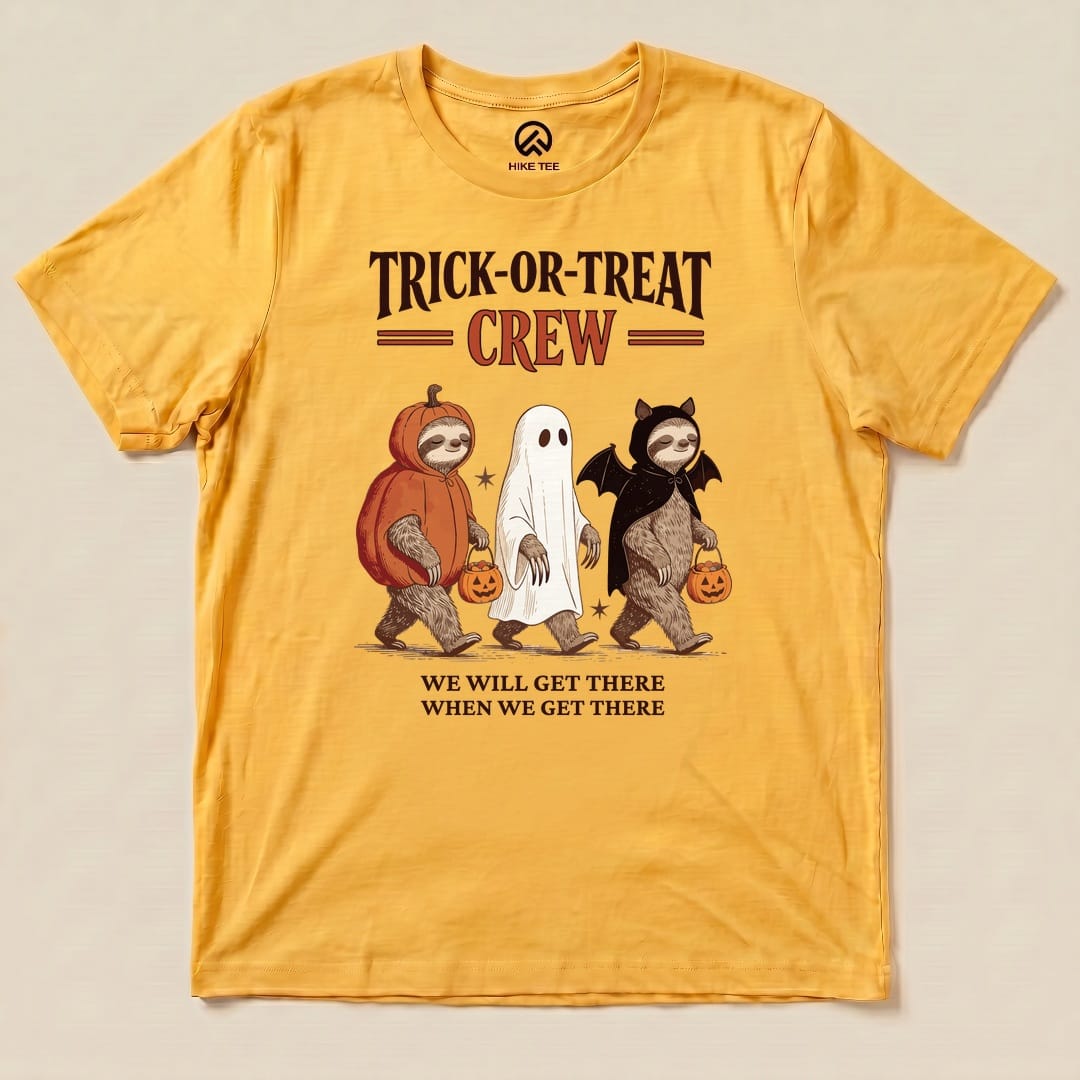Gold Trick-or-Treat Crew Shirt with a sloth trio in Halloween costumes graphic