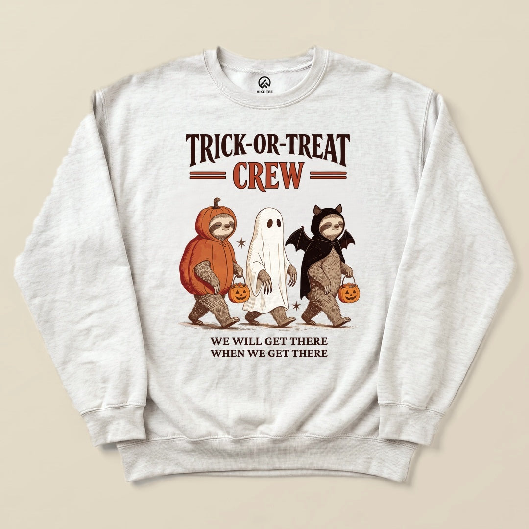 Ash Trick-or-Treat Crew Sweatshirt with a sloth trio in Halloween costumes graphic