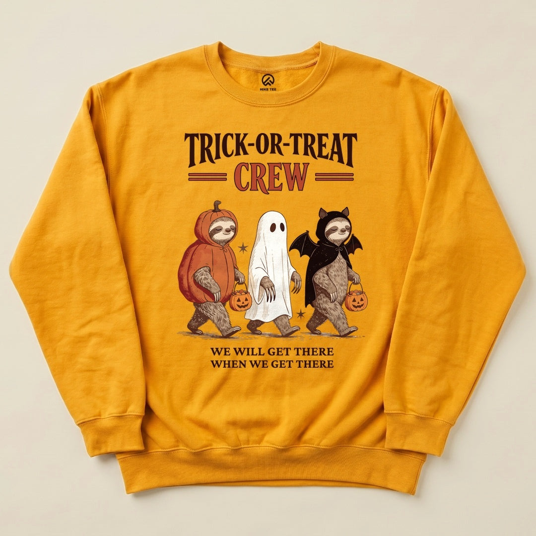 Gold Trick-or-Treat Crew Sweatshirt with a sloth trio in Halloween costumes graphic