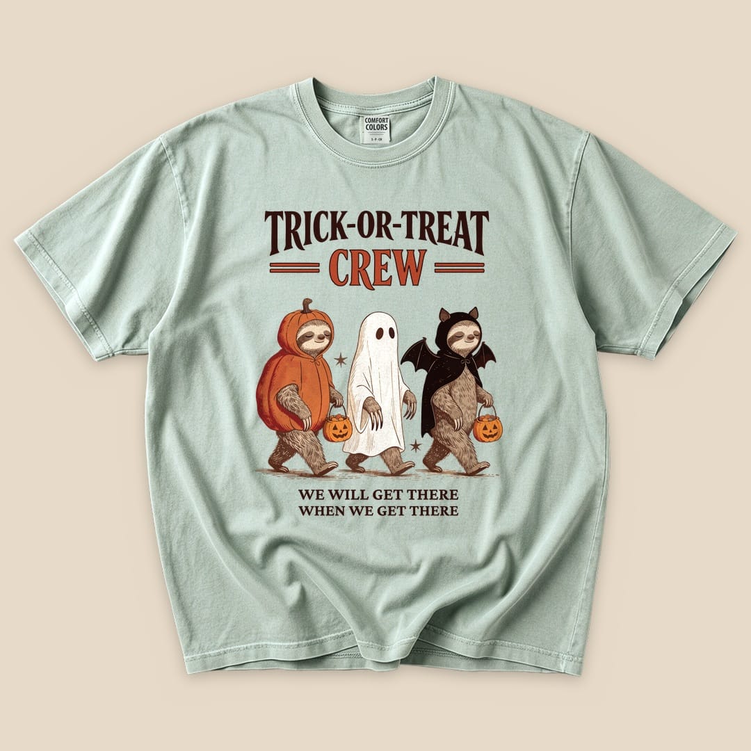 Bay Trick-or-Treat Crew T-Shirt with a sloth trio in Halloween costumes graphic