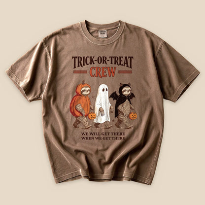 Espresso Trick-or-Treat Crew T-Shirt with a sloth trio in Halloween costumes graphic