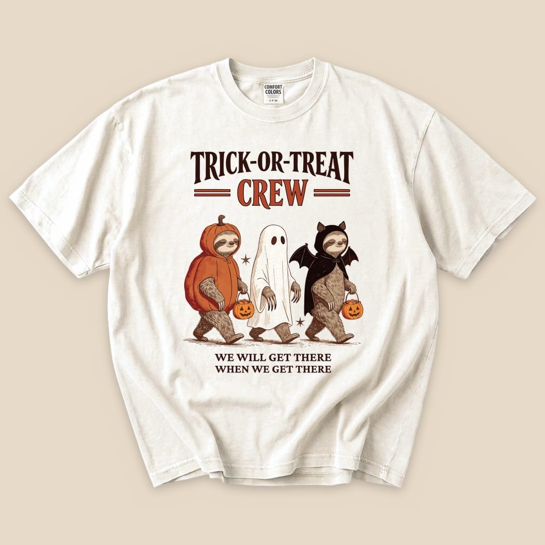 Ivory Trick-or-Treat Crew T-Shirt with a sloth trio in Halloween costumes graphic