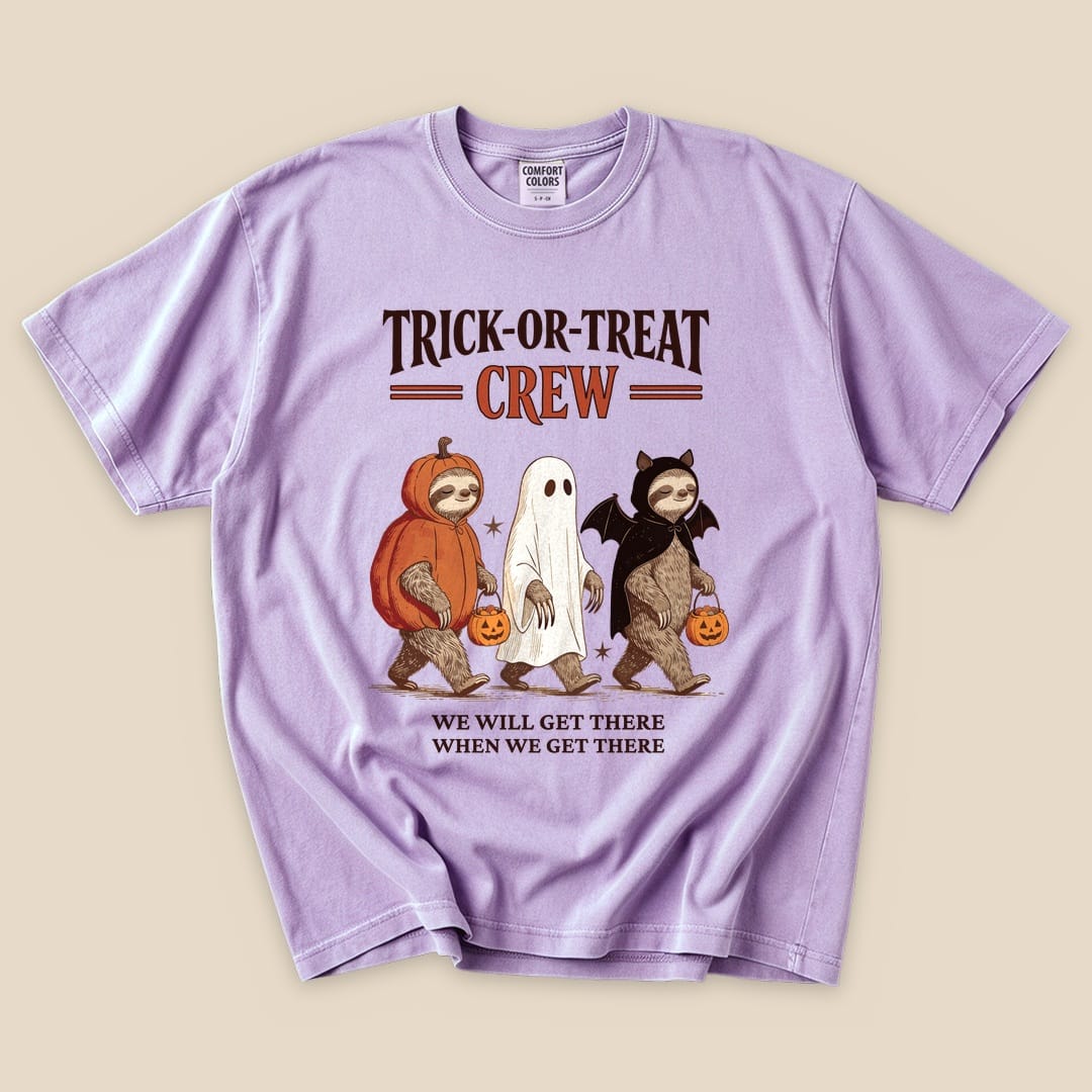 Orchid Trick-or-Treat Crew T-Shirt with a sloth trio in Halloween costumes graphic