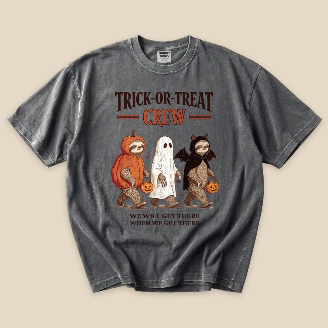 Pepper Trick-or-Treat Crew T-Shirt with a sloth trio in Halloween costumes graphic