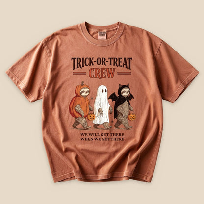 Yam Trick-or-Treat Crew T-Shirt with a sloth trio in Halloween costumes graphic