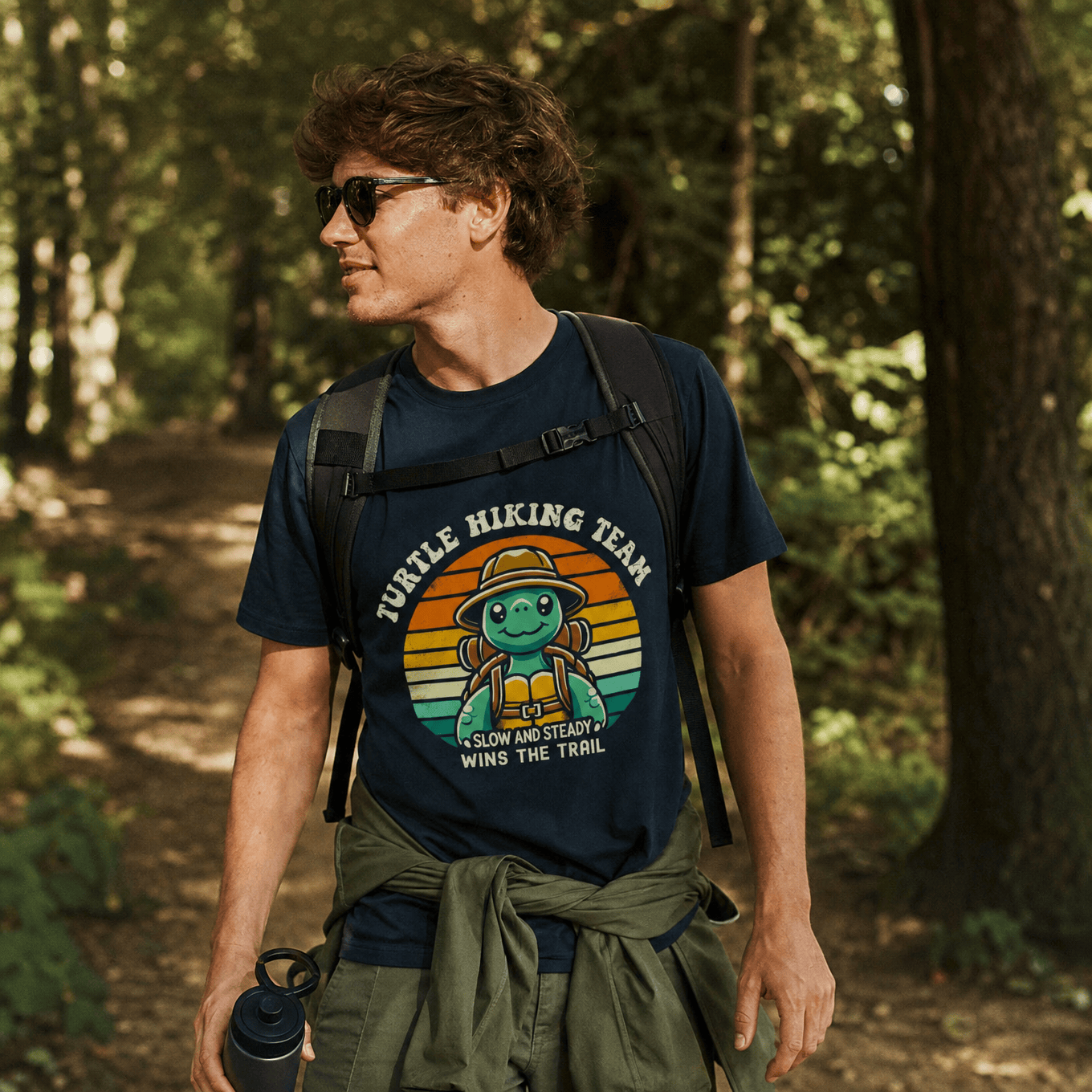 A man smiles while wearing a navy graphic t-shirt featuring a turtle with a hiking hat and the words “Turtle Hiking Team Steady Shirt.”