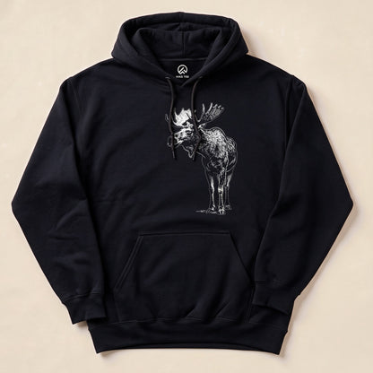 A black Vintage Moose Hoodie featuring a detailed graphic of a moose, showcasing its majestic antlers and profile.