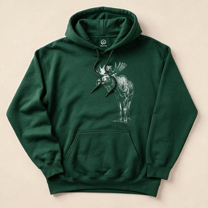 A green Vintage Moose Hoodie featuring a detailed graphic of a moose with prominent antlers is shown laid flat.