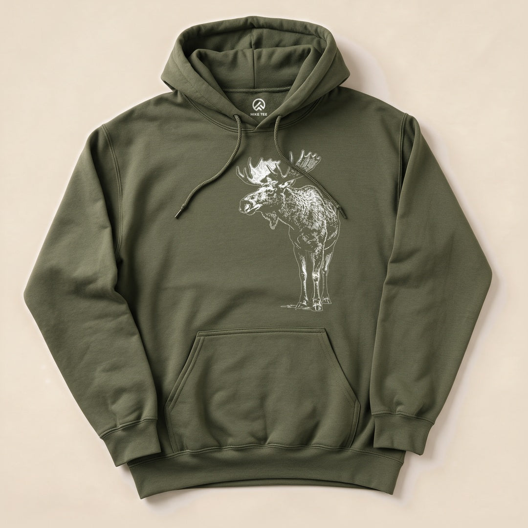 A Vintage Moose Hoodie in olive green featuring a detailed graphic of a standing moose on the front.