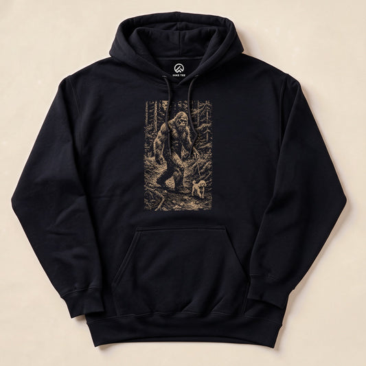 A graphic "Walking the Dog Hoodie" features a whimsical illustration of Bigfoot walking a small dog in a forest setting.