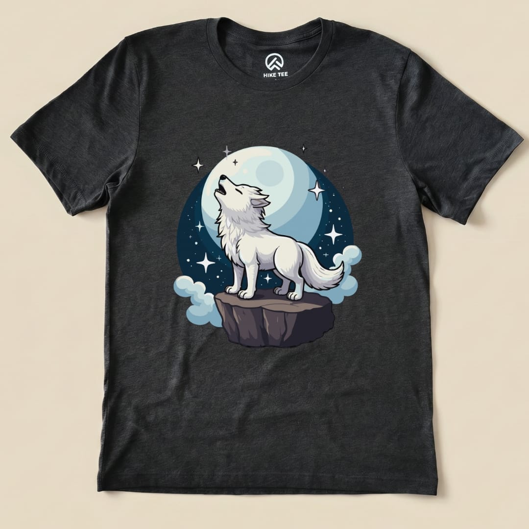 White Wolf With Moon Shirt Hike Tee T-Shirt Dark Grey Heather / S