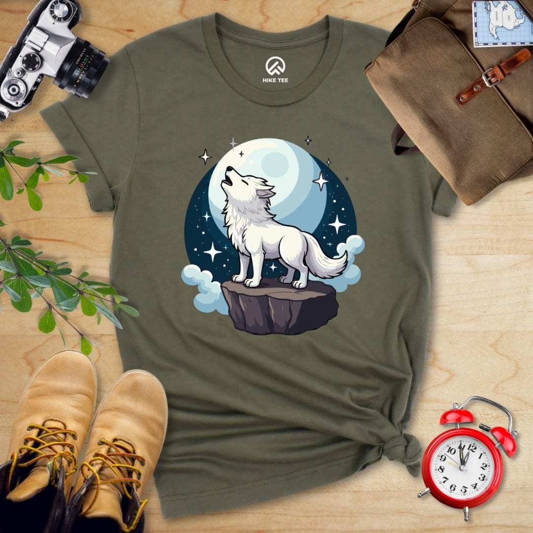 Hike Tee T-Shirt Military Green / S White Wolf With Moon Shirt