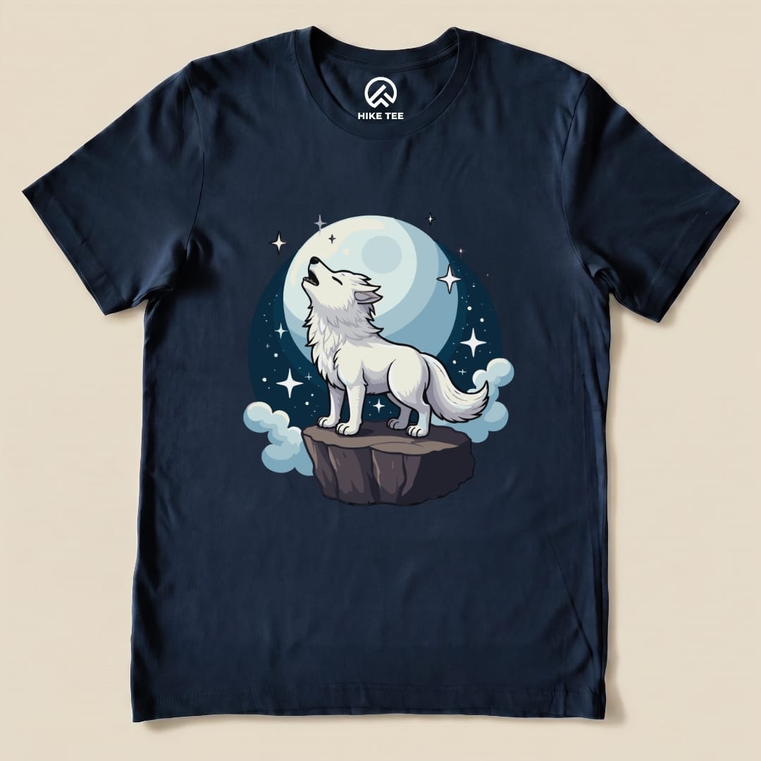 White Wolf With Moon Shirt Hike Tee T-Shirt Navy / S