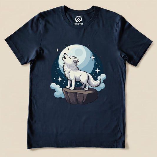 White Wolf With Moon Shirt Hike Tee T-Shirt Navy / S