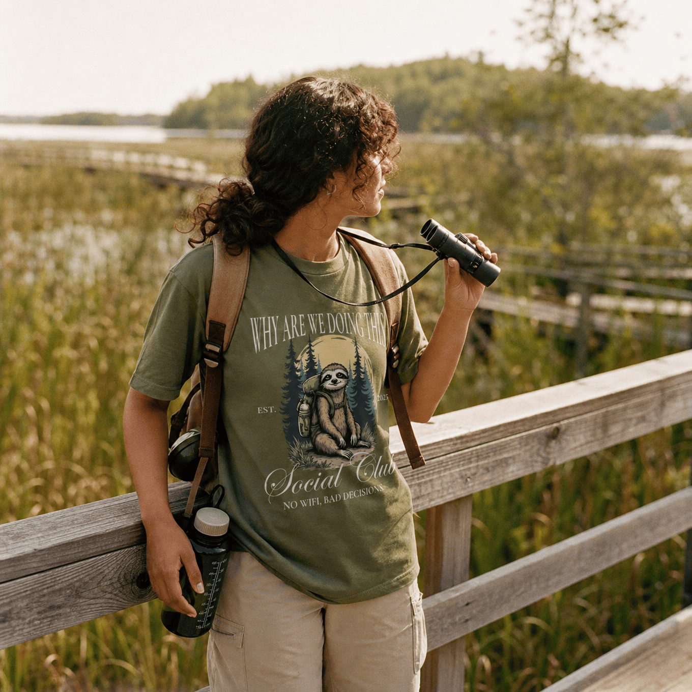 A person stands on a wooden boardwalk in a lush, green setting, wearing a graphic t-shirt featuring the slogan, "Why Are We Doing This Hiking Shirt," with a sloth design.