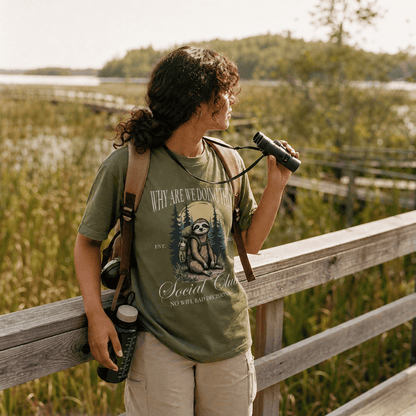 A person stands on a wooden boardwalk in a lush, green setting, wearing a graphic t-shirt featuring the slogan, "Why Are We Doing This Hiking Shirt," with a sloth design.