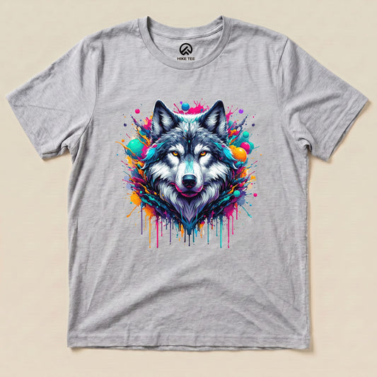 A graphic t-shirt featuring a vibrant, colorful wolf design surrounded by splashes of paint, labeled as the "Wolf Colorful Shirt.