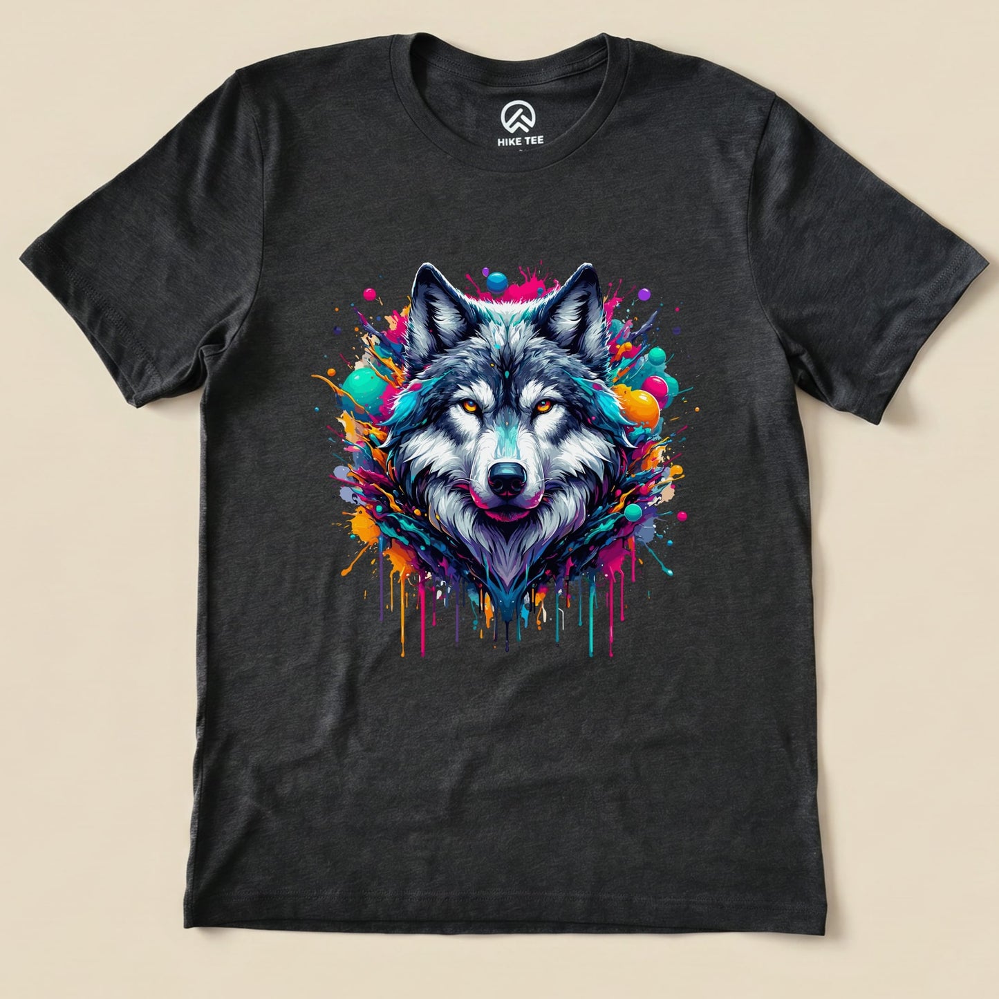 A graphic t-shirt featuring a vibrant wolf illustration surrounded by colorful splashes, labeled as the "Wolf Colorful Shirt.