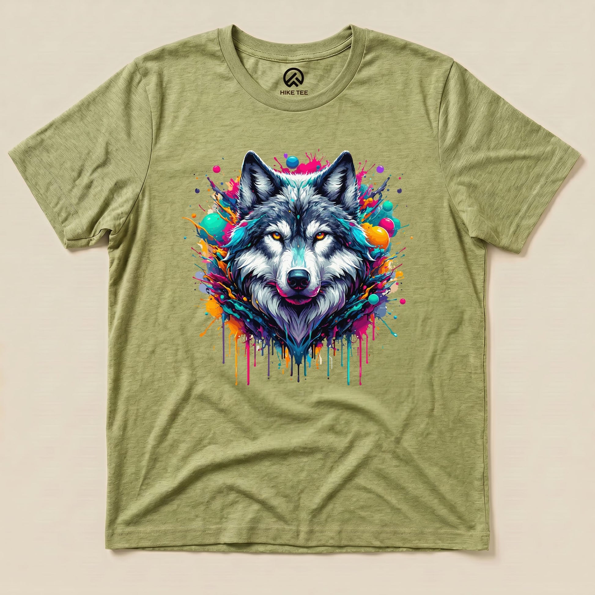 A graphic t-shirt featuring a vividly illustrated wolf head surrounded by colorful paint splashes, labeled as "Wolf Colorful Shirt.