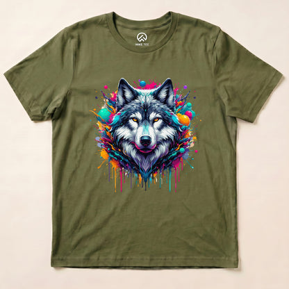 A graphic t-shirt in olive green featuring a vibrant wolf design surrounded by colorful splashes, labeled "Wolf Colorful Shirt.