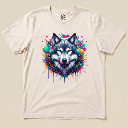 A graphic t-shirt featuring a vibrant wolf design with colorful splashes, labeled as "Wolf Colorful Shirt.