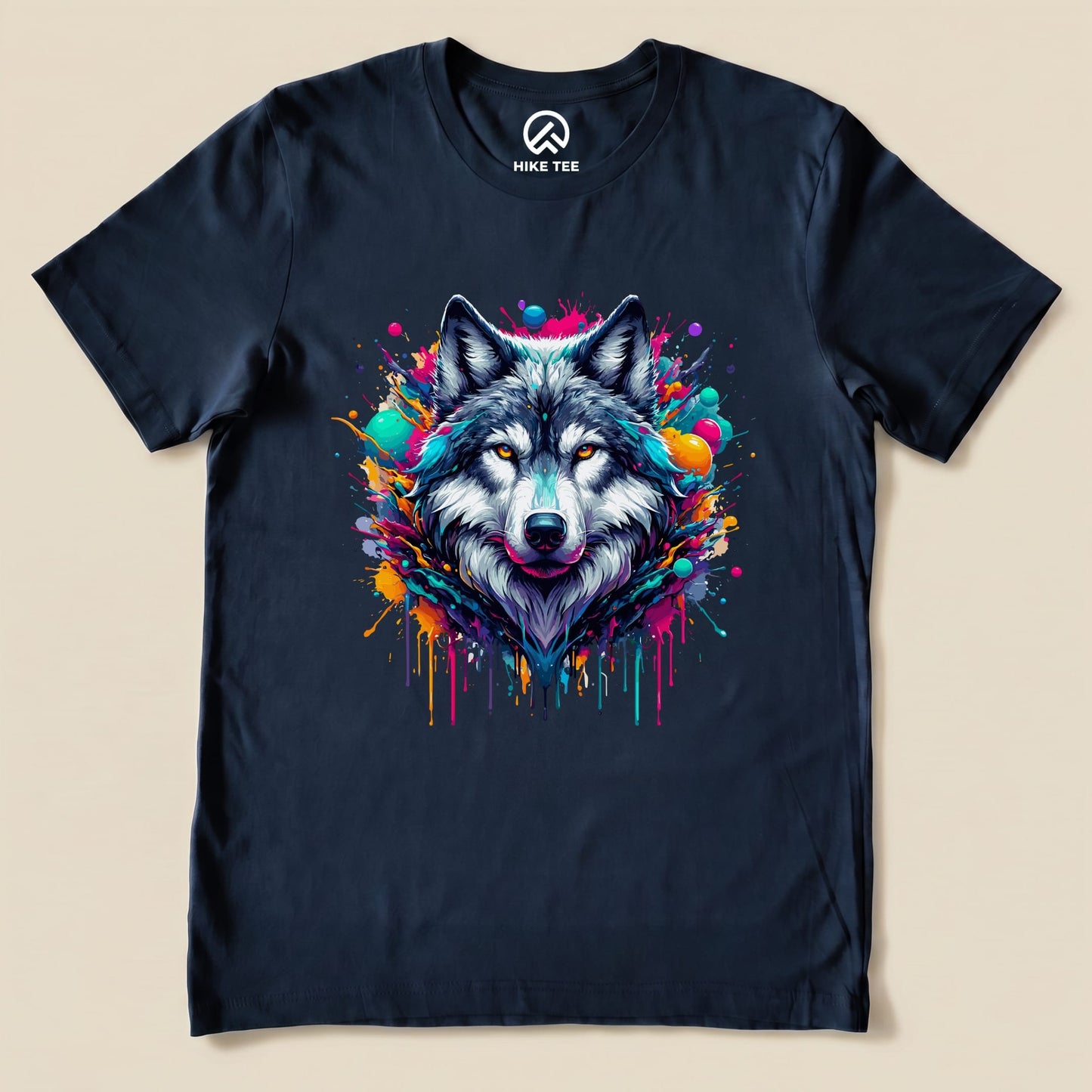 Graphic t-shirt featuring a colorful wolf illustration with vibrant paint splashes on a dark background, labeled "Wolf Colorful Shirt".