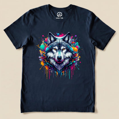 Graphic t-shirt featuring a colorful wolf illustration with vibrant paint splashes on a dark background, labeled "Wolf Colorful Shirt".