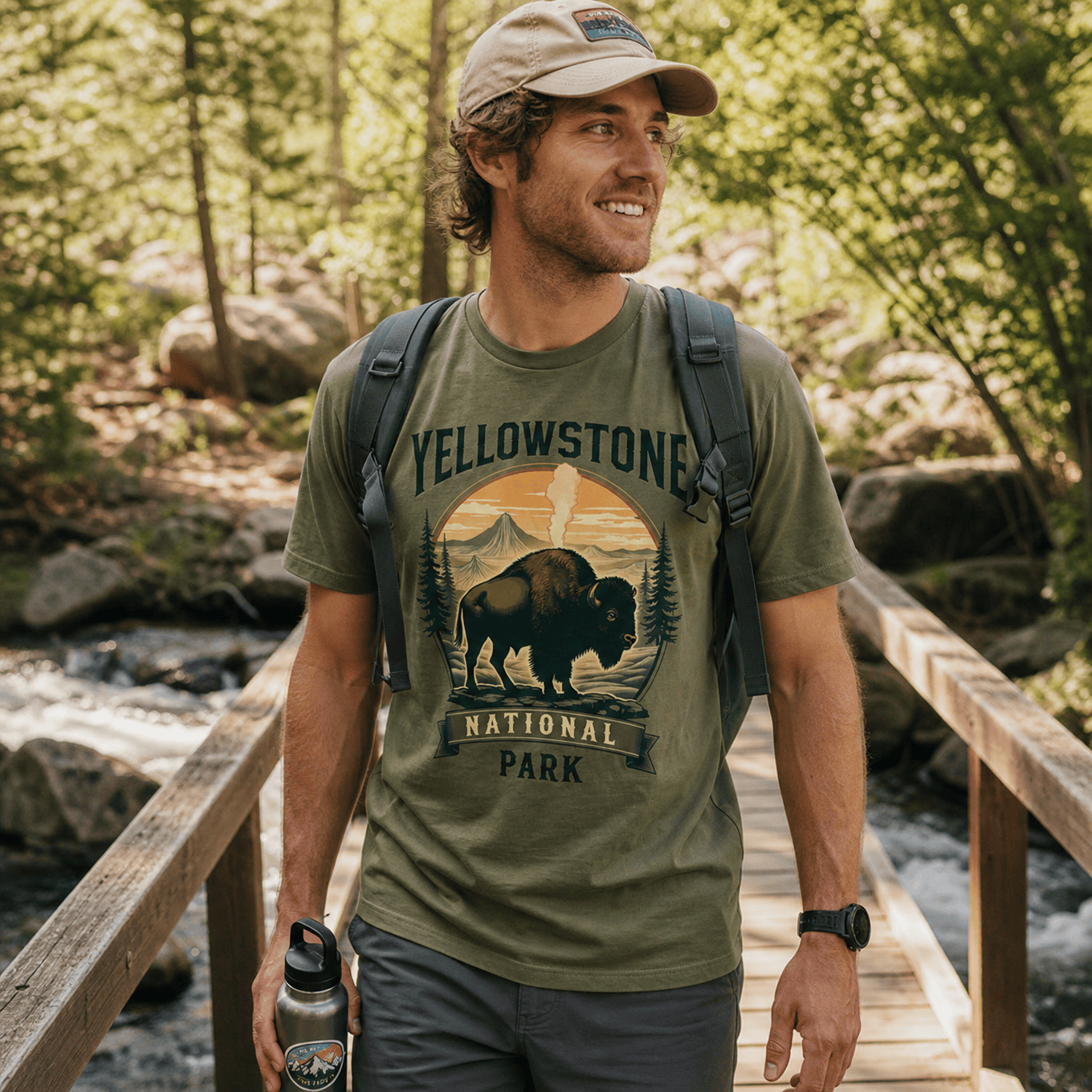 A man is hiking on a wooden bridge, wearing a graphic t-shirt featuring a bison and the text "Yellowstone National Park.