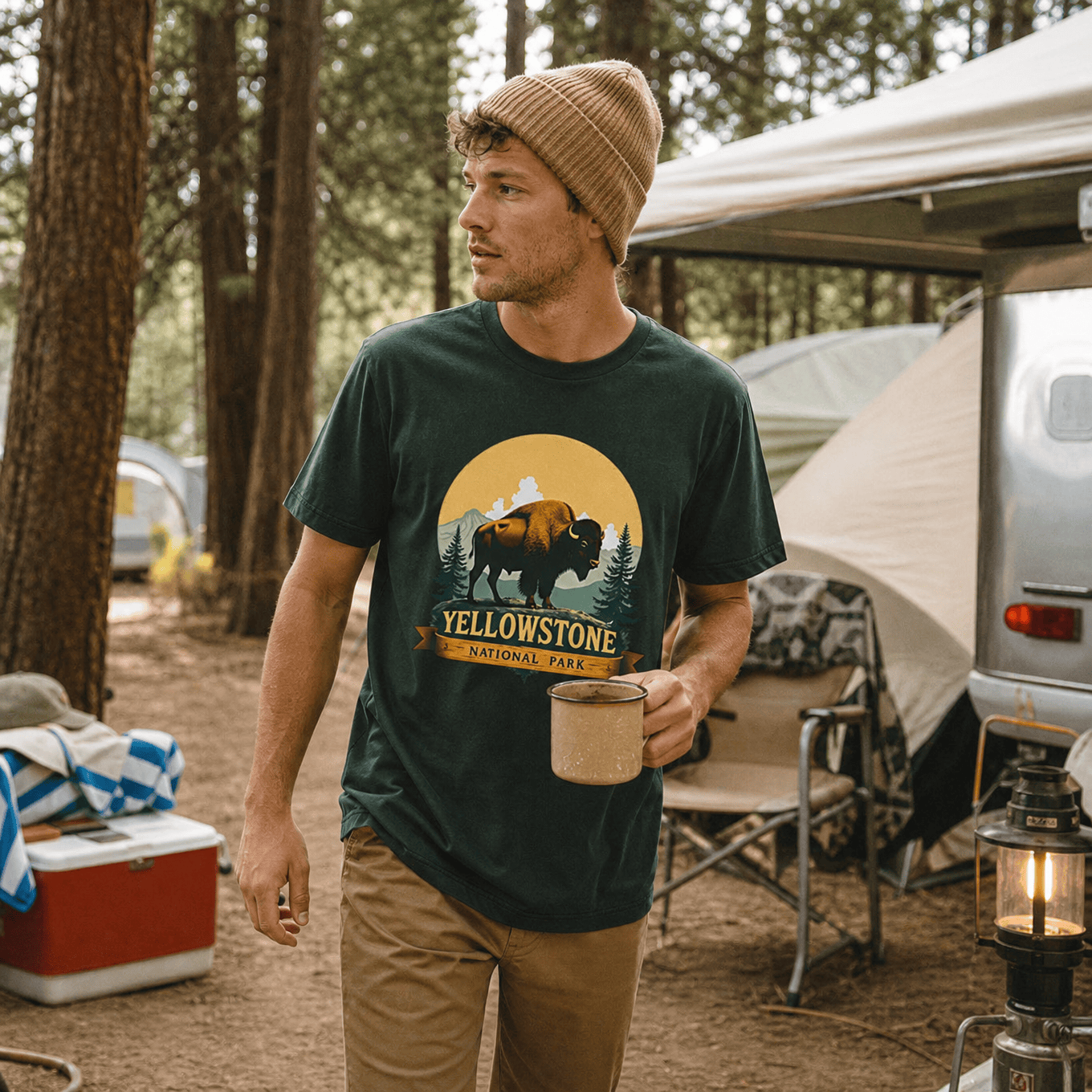 A man is wearing a graphic t-shirt featuring a Yellowstone Bison Shirt design with a bison, mountains, and the text "Yellowstone National Park.