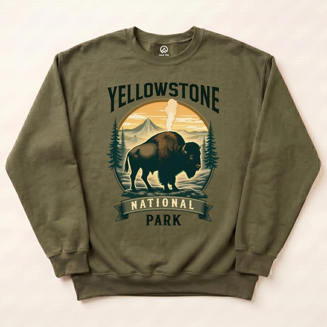 Green sweatshirt featuring a Yellowstone Bison graphic, with "Yellowstone National Park" text and natural scenery design.