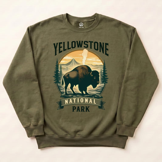 Green sweatshirt featuring a Yellowstone Bison graphic, with "Yellowstone National Park" text and natural scenery design.