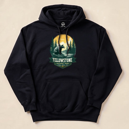 Black Yellowstone Grizzly Bear Hoodie with a retro grizzly bear graphic