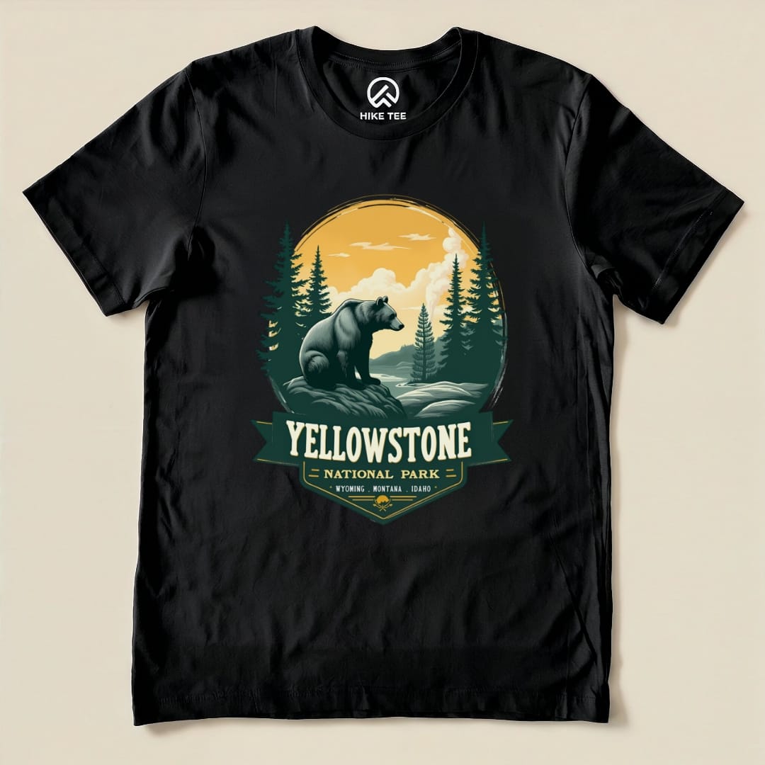 Black graphic t-shirt featuring a Yellowstone Grizzly Bear design with a bear silhouette, mountains, and "Yellowstone National Park" text.