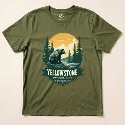 Graphic t-shirt featuring a Yellowstone Grizzly Bear design with trees and mountains, highlighting Yellowstone National Park.