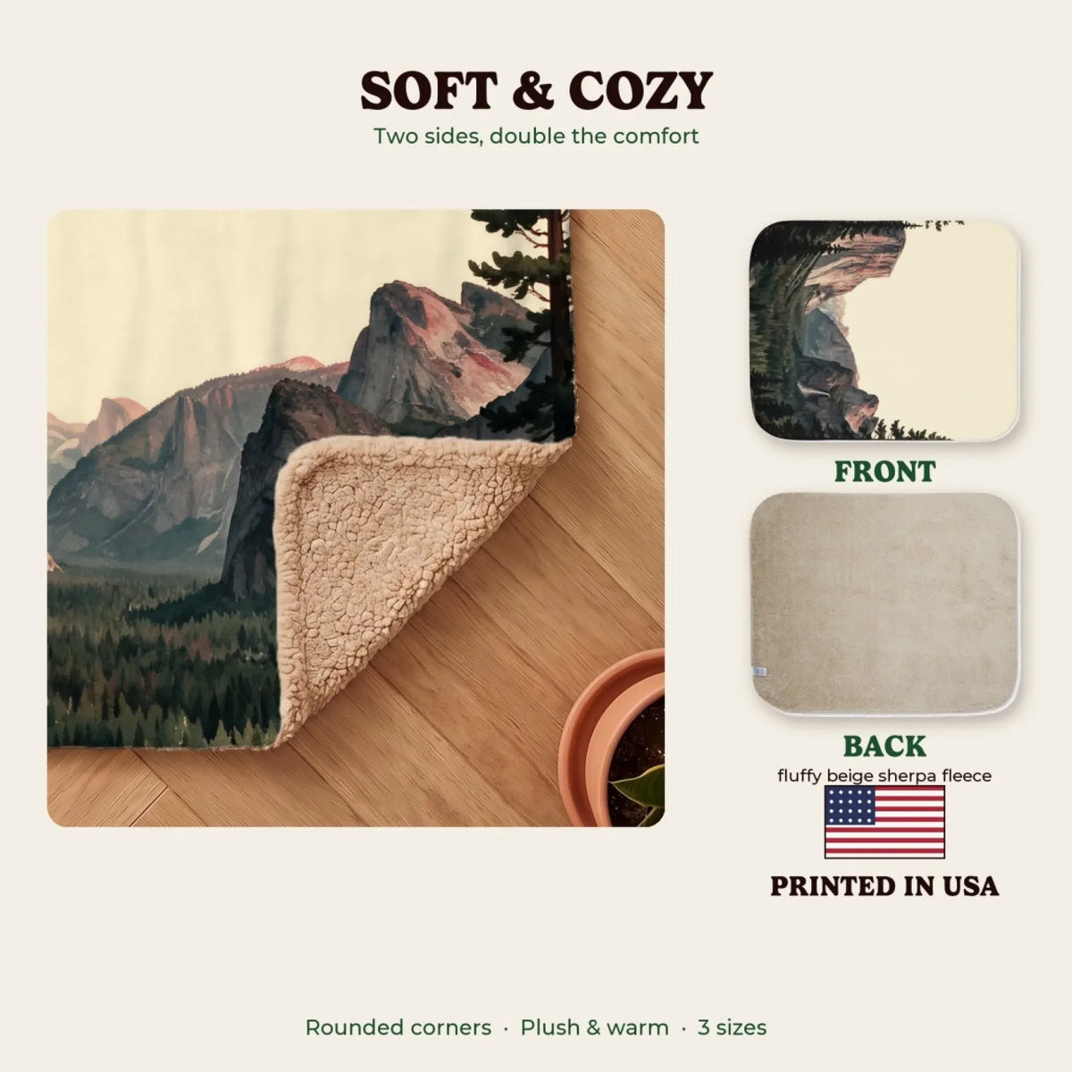 Soft and cozy sherpa blanket, printed in the USA