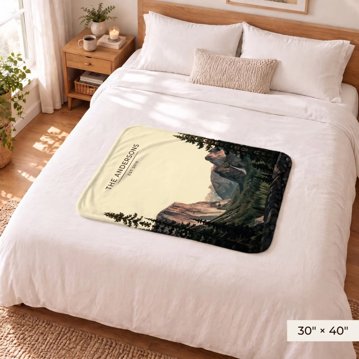 Yosemite Tunnel View Sherpa Blanket 30x40 on a queen bed