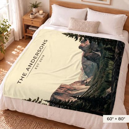 Yosemite Tunnel View Sherpa Blanket 60x80 on a queen bed