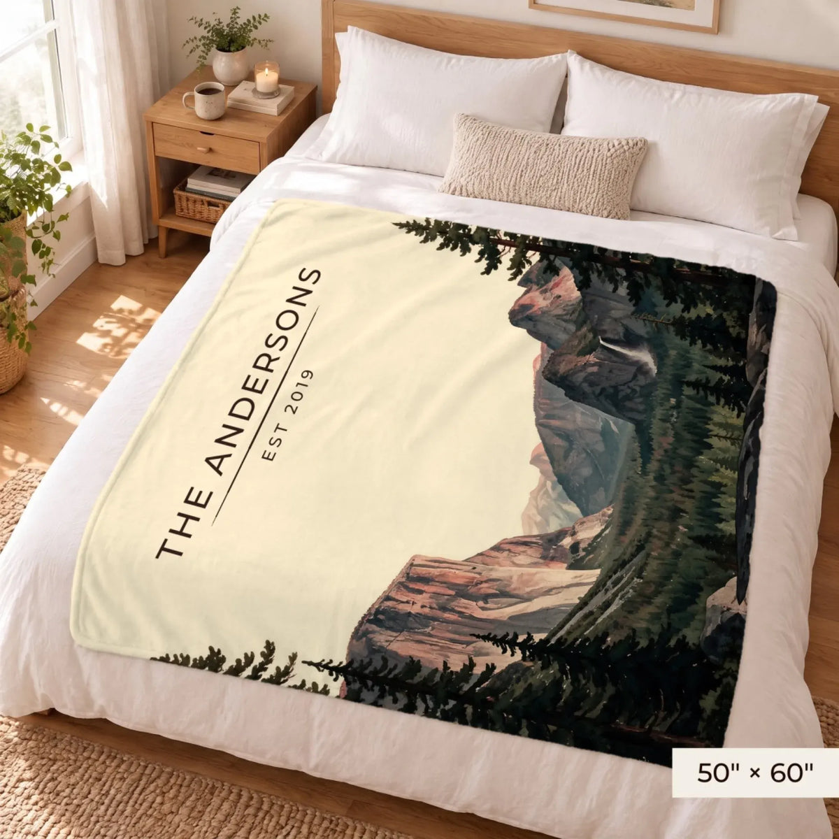 Yosemite Tunnel View Sherpa Blanket 50x60 on a queen bed