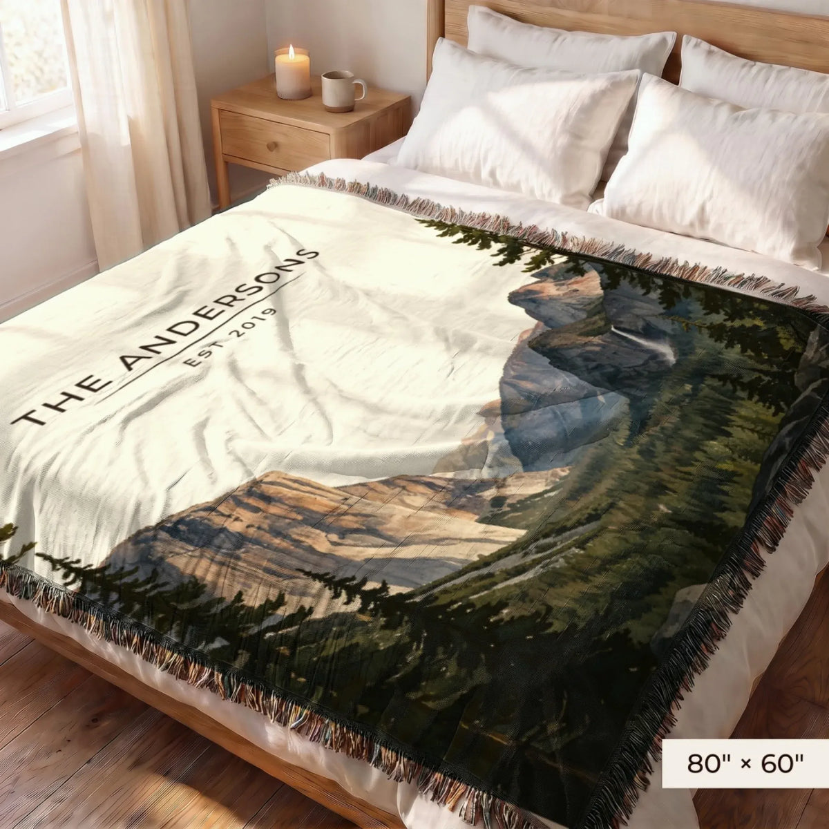 Yosemite Tunnel View Woven Blanket 80x60 on a queen bed