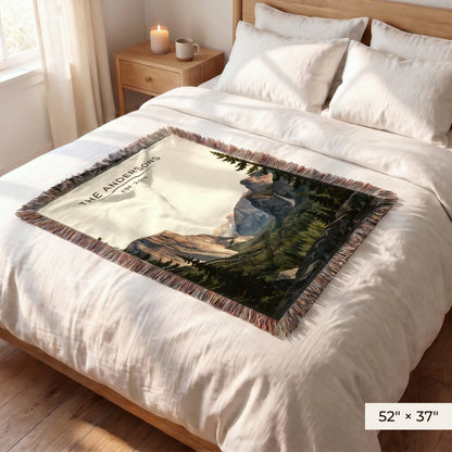 Yosemite Tunnel View Woven Blanket 52x37 on a queen bed