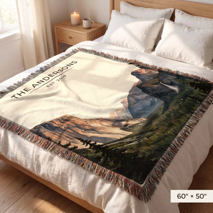 Yosemite Tunnel View Woven Blanket 60x50 on a queen bed